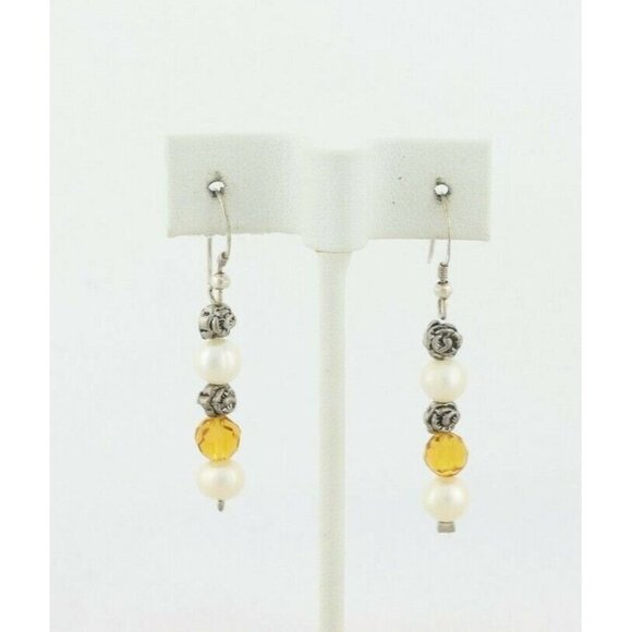 Sterling Silver White and Yellow Pearl and Flower Earrings Dangle Drop Earrings - Picture 6 of 6